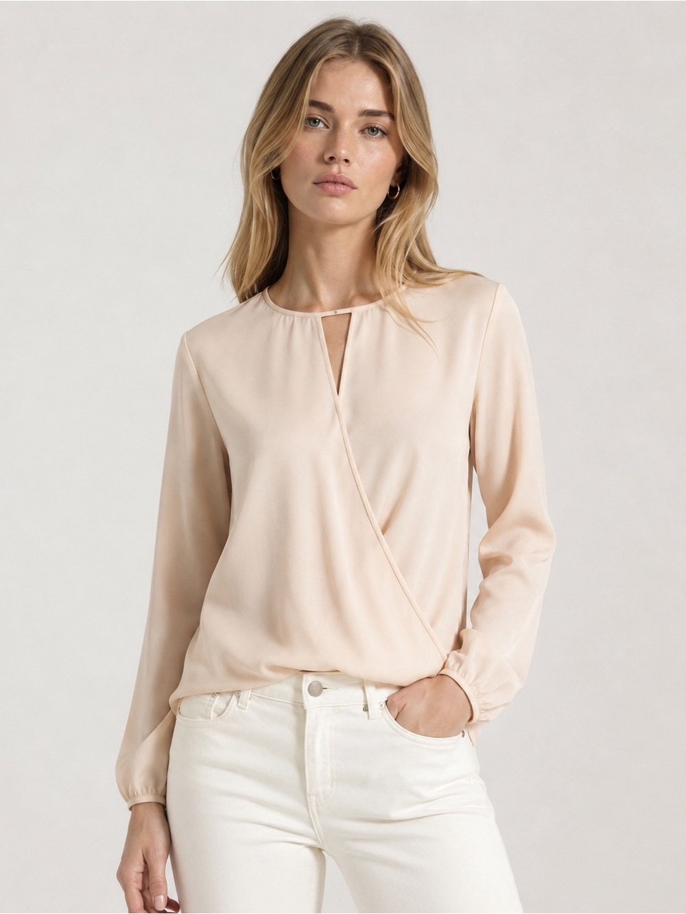 Theory Woman Pastel Peach 100% Silk Wrap Long Sleeve Blouse XS Classic Preppy